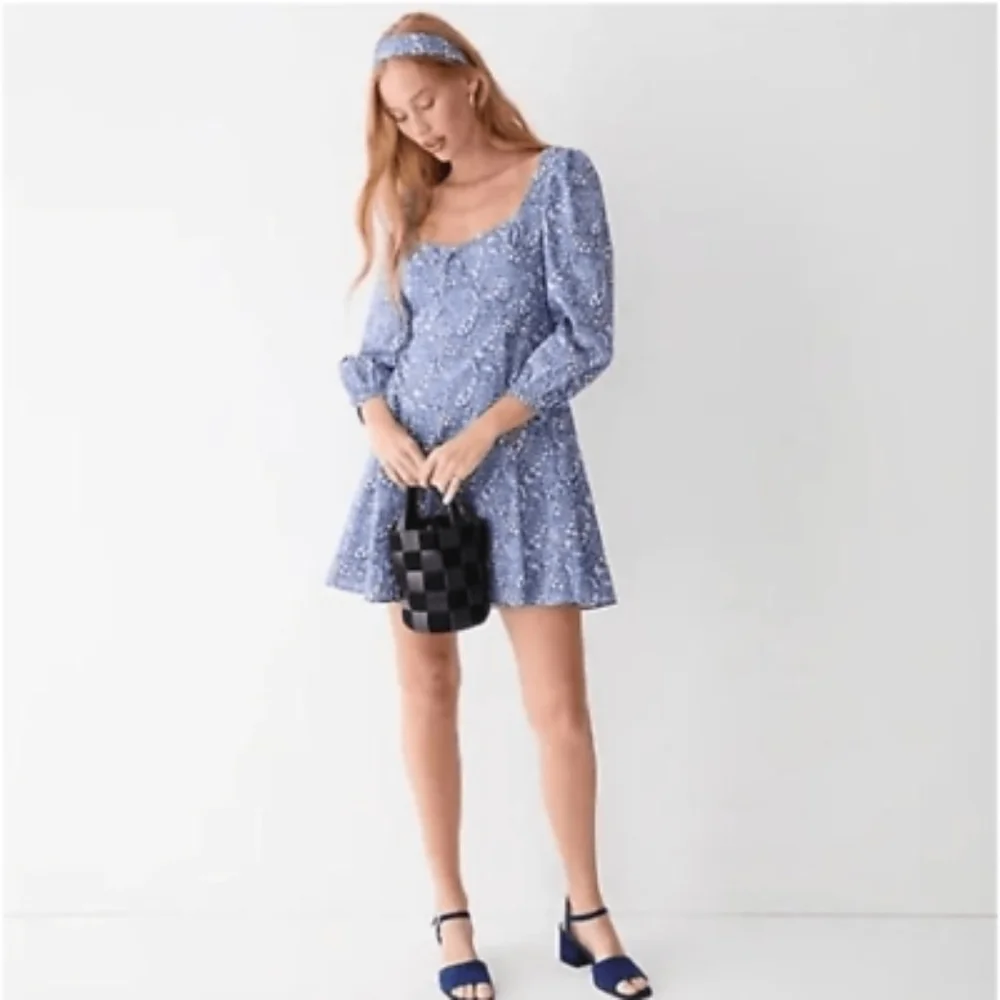 J. Crew Mini Dress 14 Liberty Bourton Bloom Sweetheart Puff Sleeve Milkmaid Blue